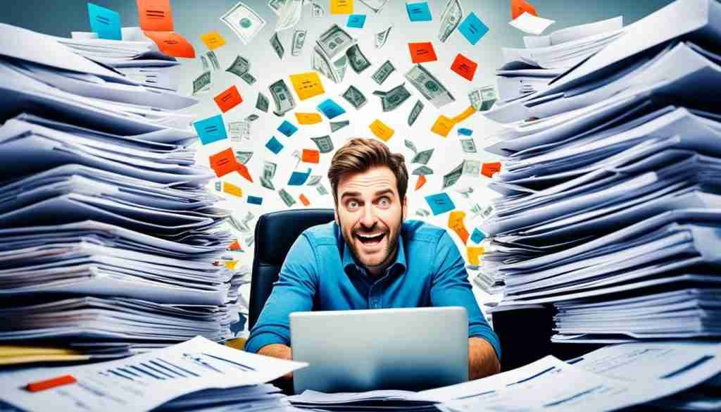 Outsourced Bookkeeping can help save hours to spend elsewhere more productive - Picture of an overwhelmed businessman going crazy with a lot of papers around him.